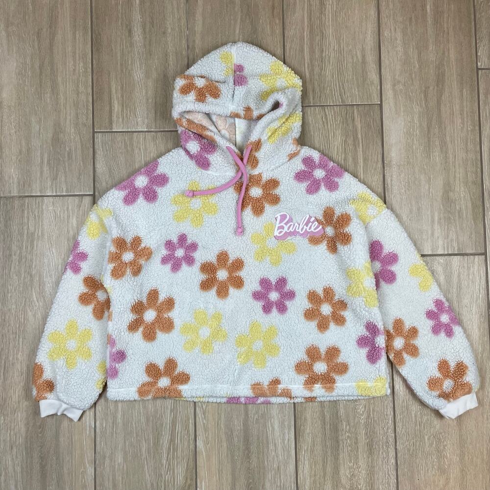 Barbie Sherpa Hoodie Womens XXL Floral Fleece Pullover Pink Y2K Cozy